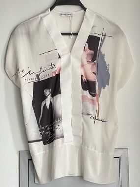 NWOT ZARA White Graphic V-Neck Silk-Feel Blouse
